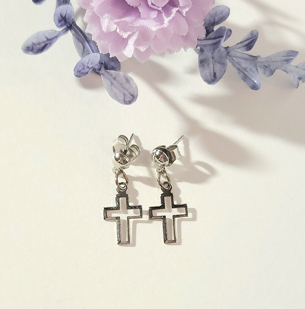 Vintage Silver Tone Cross Dangle Earrings Light Weight Cross Earrings Pierced